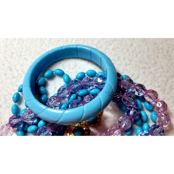 Vtg Necklace Bracelet Clip Screwback Earrings Pastel Turquoise Purple Plastic - Picture 5 of 7
